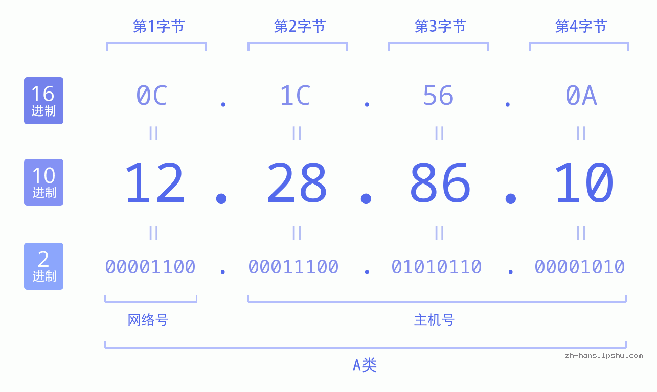 IP地址:12.28.86.10 数据结构图 二进制 十进制 十六进制 IPv4: 12.28.86.10 网络类型 网络号 主机号