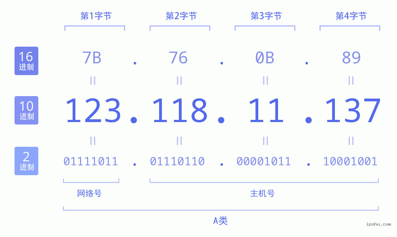 IPv4: 123.118.11.137 网络类型 网络号 主机号