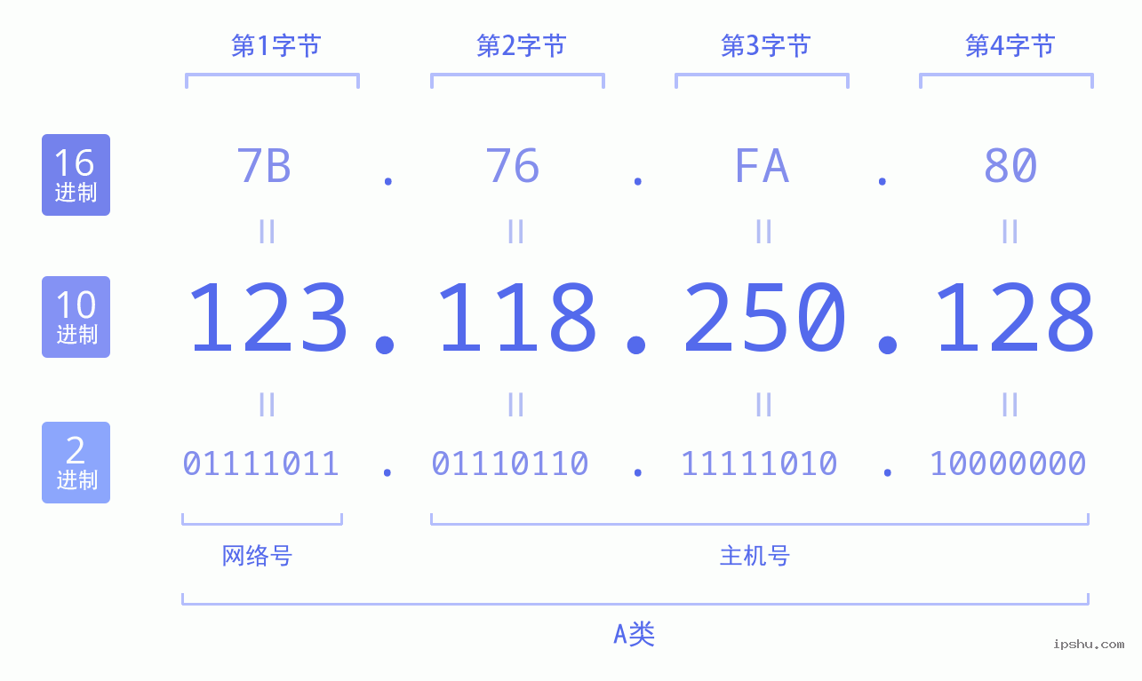 IPv4: 123.118.250.128 网络类型 网络号 主机号