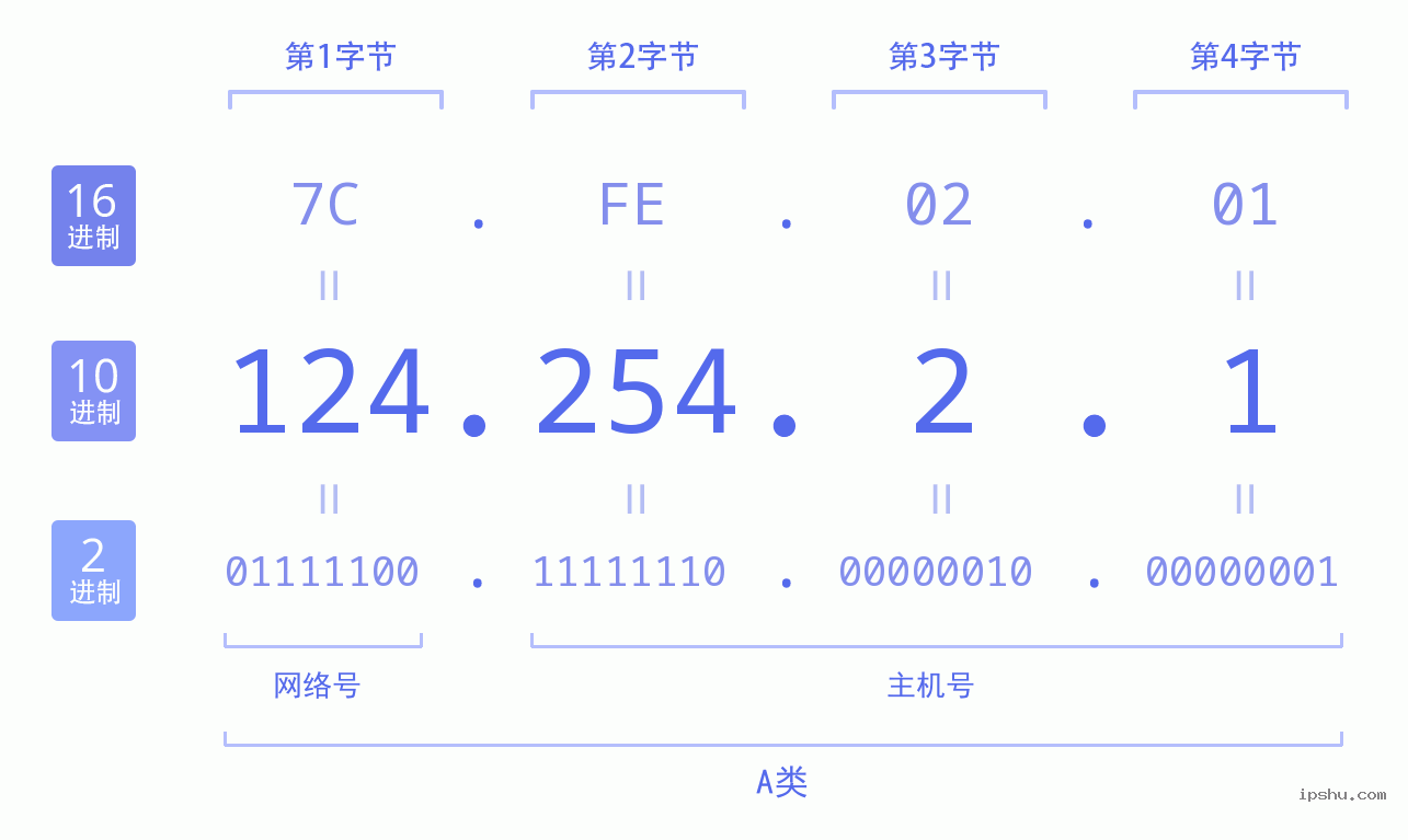 IPv4: 124.254.2.1 网络类型 网络号 主机号