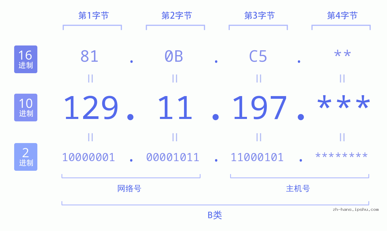 IP地址:129.11.197 数据结构图 二进制 十进制 十六进制 IPv4: 129.11.197 网络类型 网络号 主机号