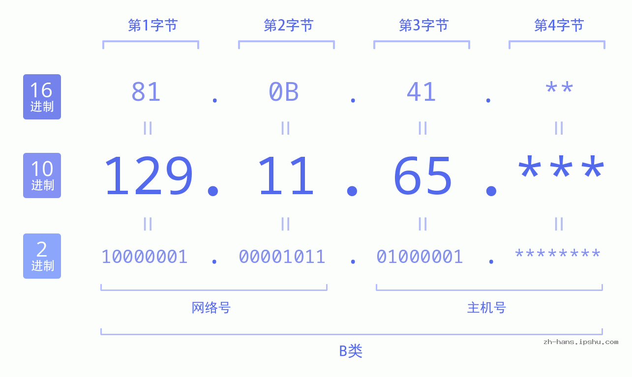 IP地址:129.11.65 数据结构图 二进制 十进制 十六进制 IPv4: 129.11.65 网络类型 网络号 主机号