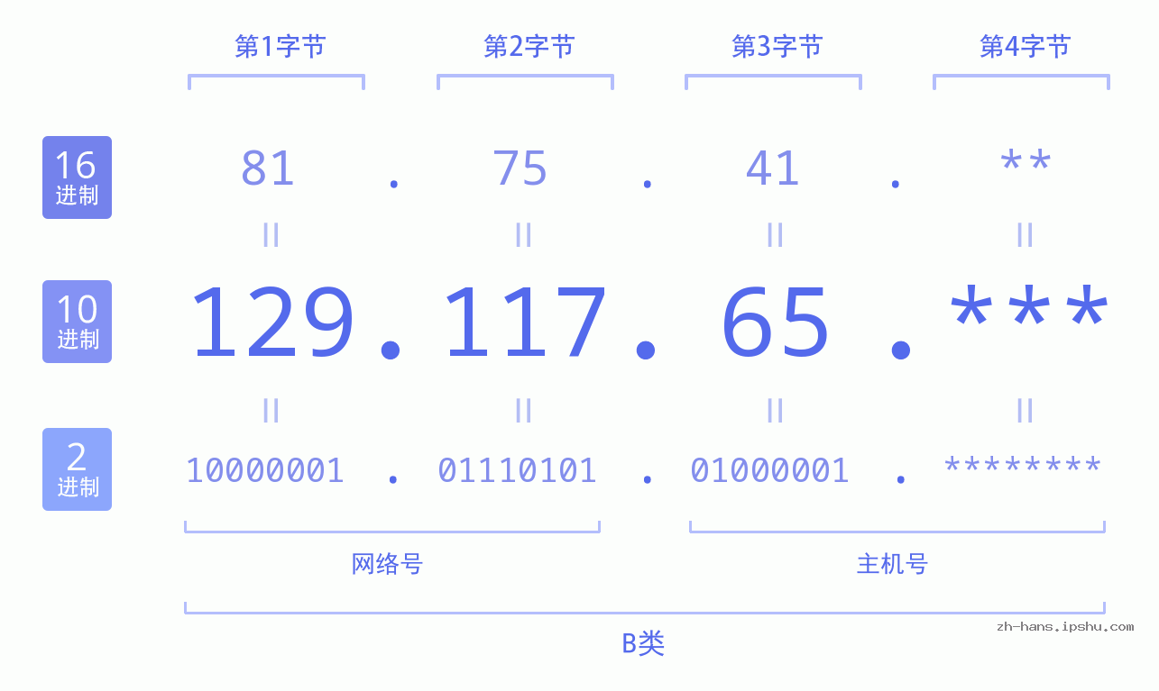 IP地址:129.117.65 数据结构图 二进制 十进制 十六进制 IPv4: 129.117.65 网络类型 网络号 主机号