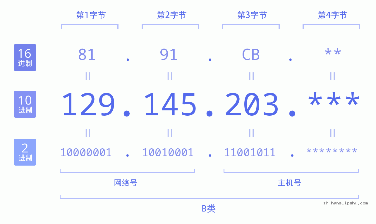 IP地址:129.145.203 数据结构图 二进制 十进制 十六进制 IPv4: 129.145.203 网络类型 网络号 主机号