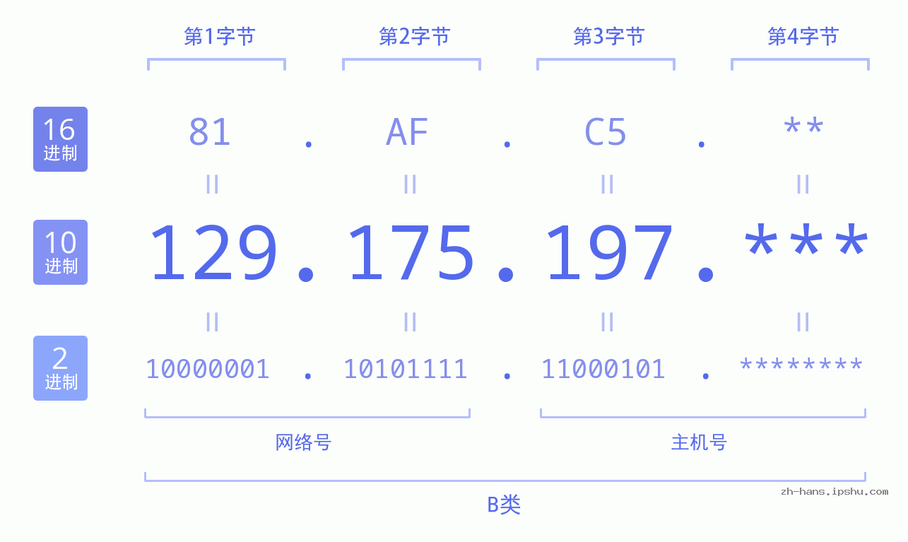 IP地址:129.175.197 数据结构图 二进制 十进制 十六进制 IPv4: 129.175.197 网络类型 网络号 主机号