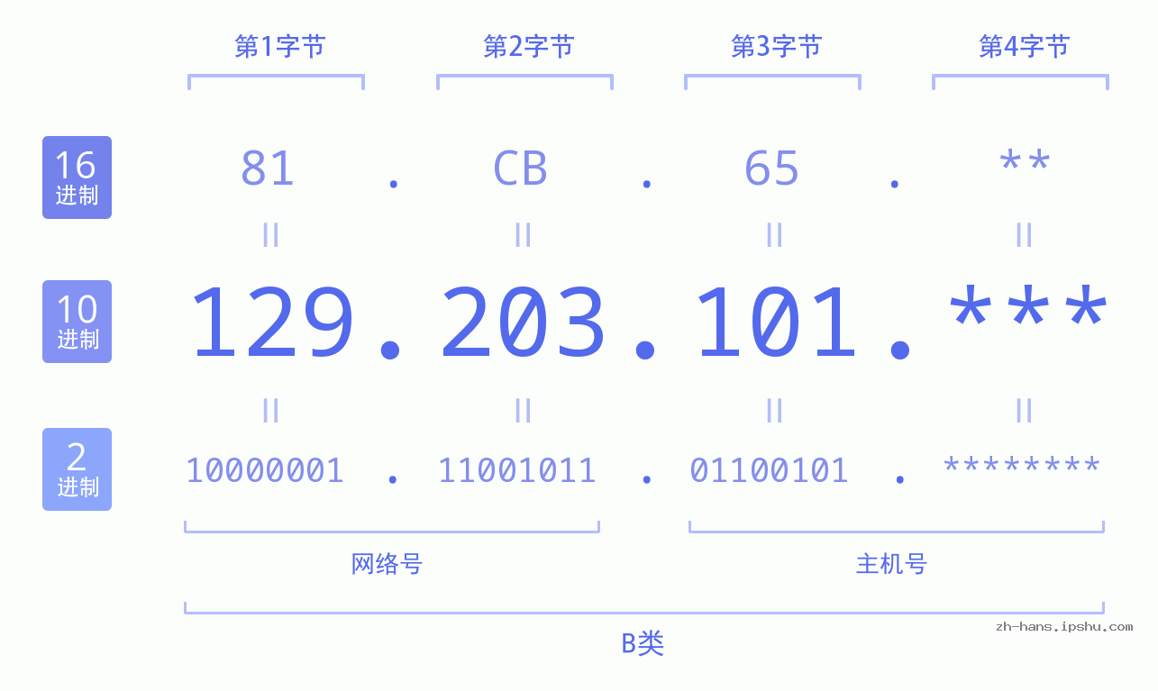 IP地址:129.203.101 数据结构图 二进制 十进制 十六进制 IPv4: 129.203.101 网络类型 网络号 主机号