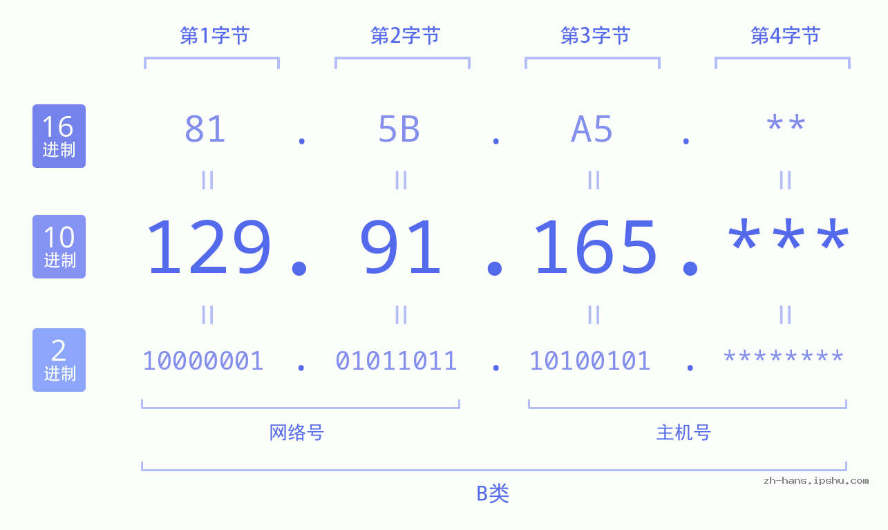 IP地址:129.91.165 数据结构图 二进制 十进制 十六进制 IPv4: 129.91.165 网络类型 网络号 主机号