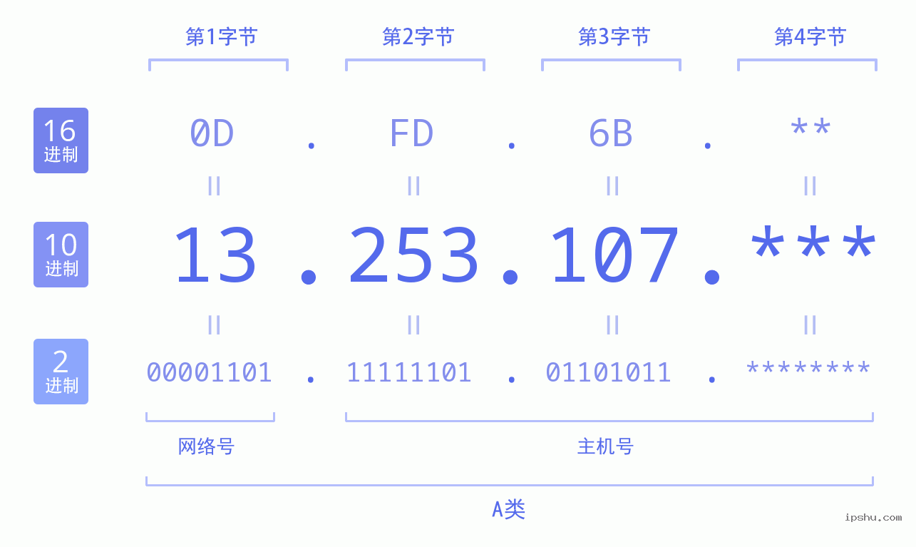 IPv4: 13.253.107 网络类型 网络号 主机号