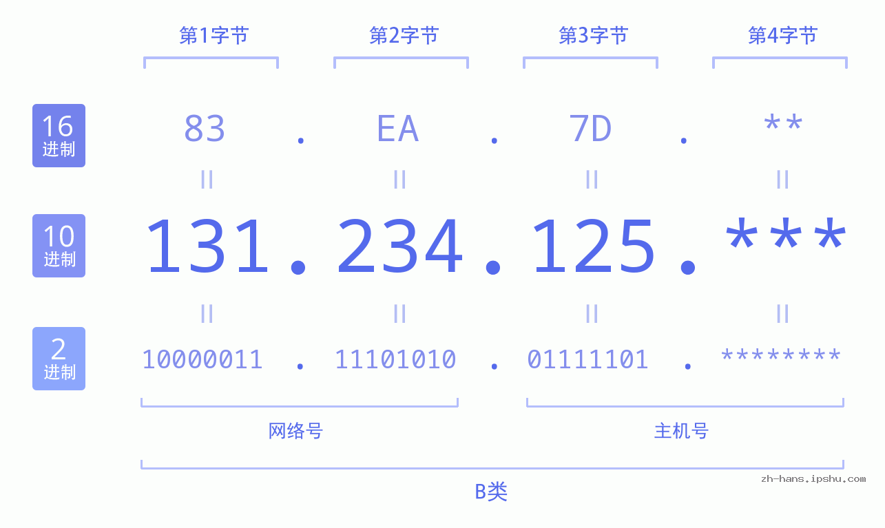 IP地址:131.234.125 数据结构图 二进制 十进制 十六进制 IPv4: 131.234.125 网络类型 网络号 主机号