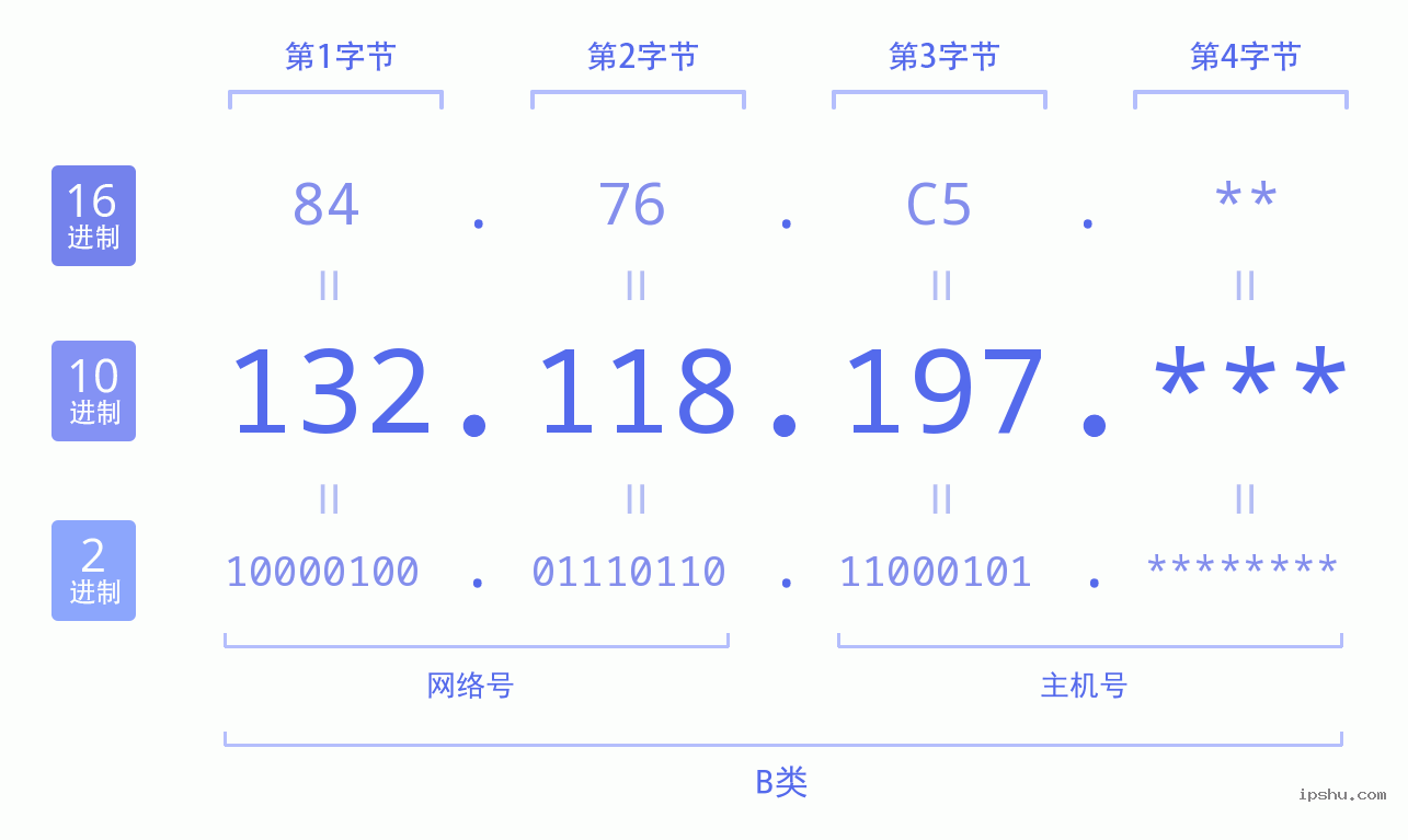 IPv4: 132.118.197 网络类型 网络号 主机号