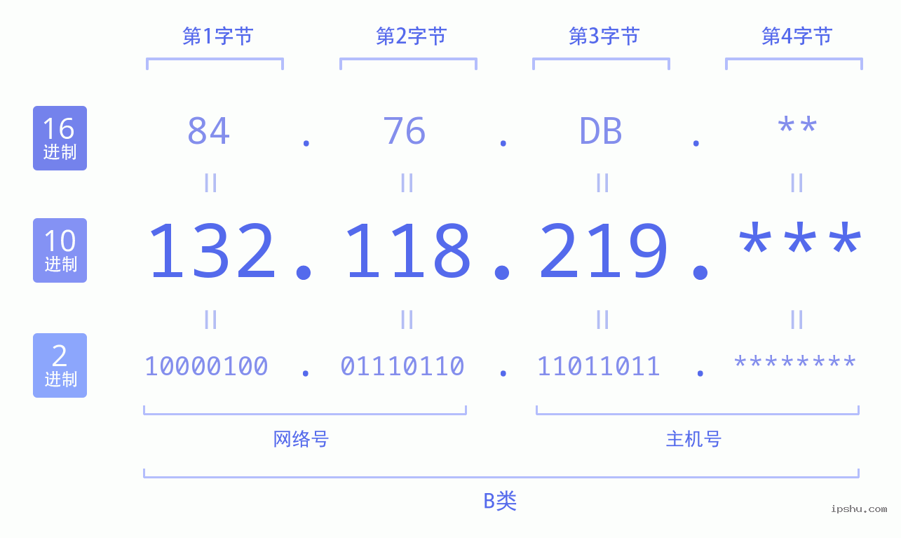 IPv4: 132.118.219 网络类型 网络号 主机号