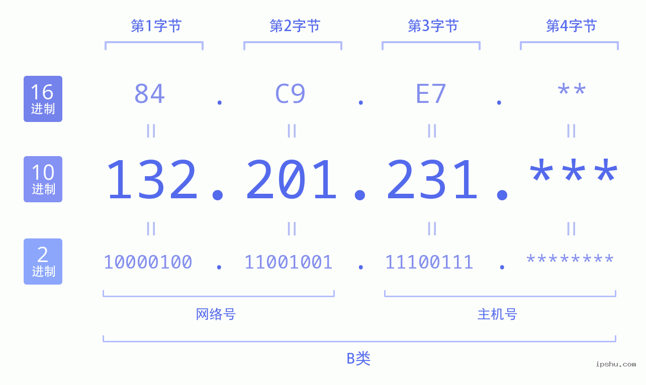 IPv4: 132.201.231 网络类型 网络号 主机号