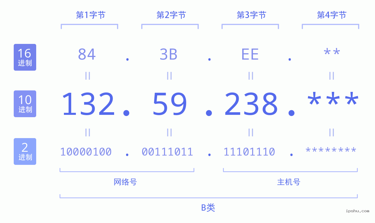 IPv4: 132.59.238 网络类型 网络号 主机号