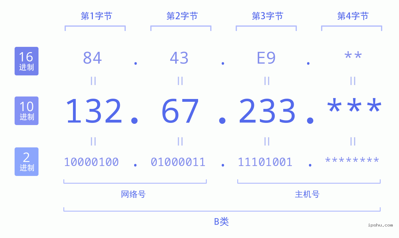 IPv4: 132.67.233 网络类型 网络号 主机号