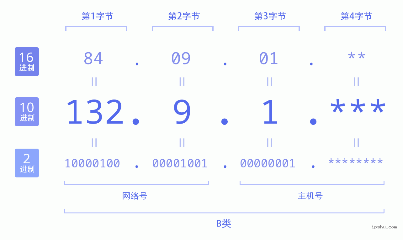 IPv4: 132.9.1 网络类型 网络号 主机号