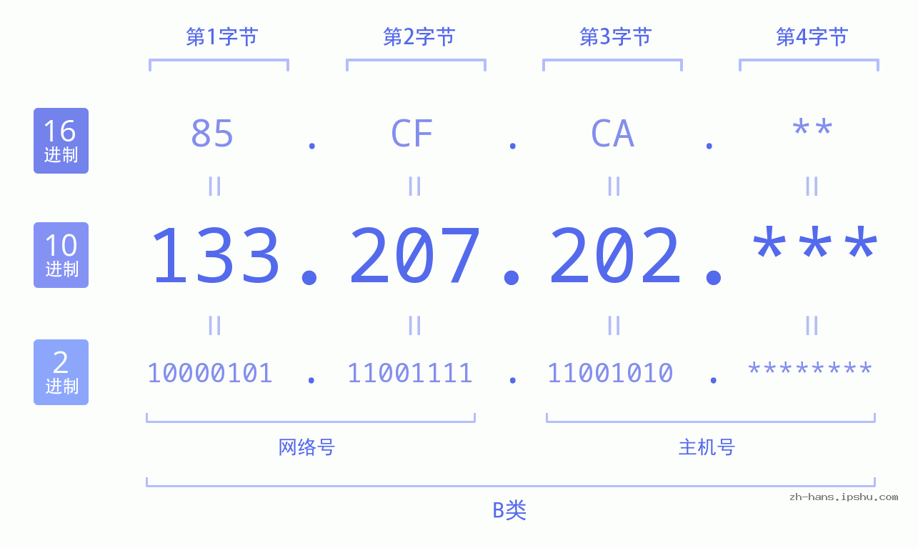IP地址:133.207.202 数据结构图 二进制 十进制 十六进制 IPv4: 133.207.202 网络类型 网络号 主机号