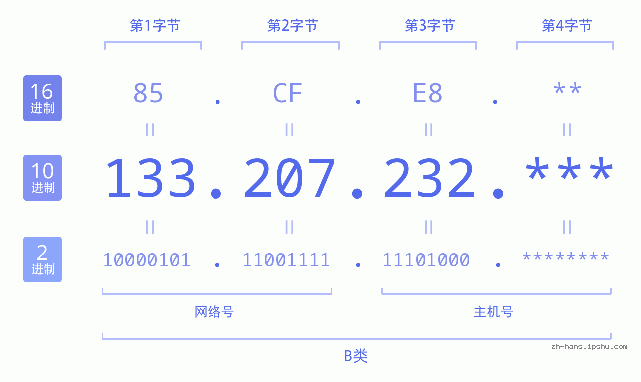 IPv4: 133.207.232 网络类型 网络号 主机号