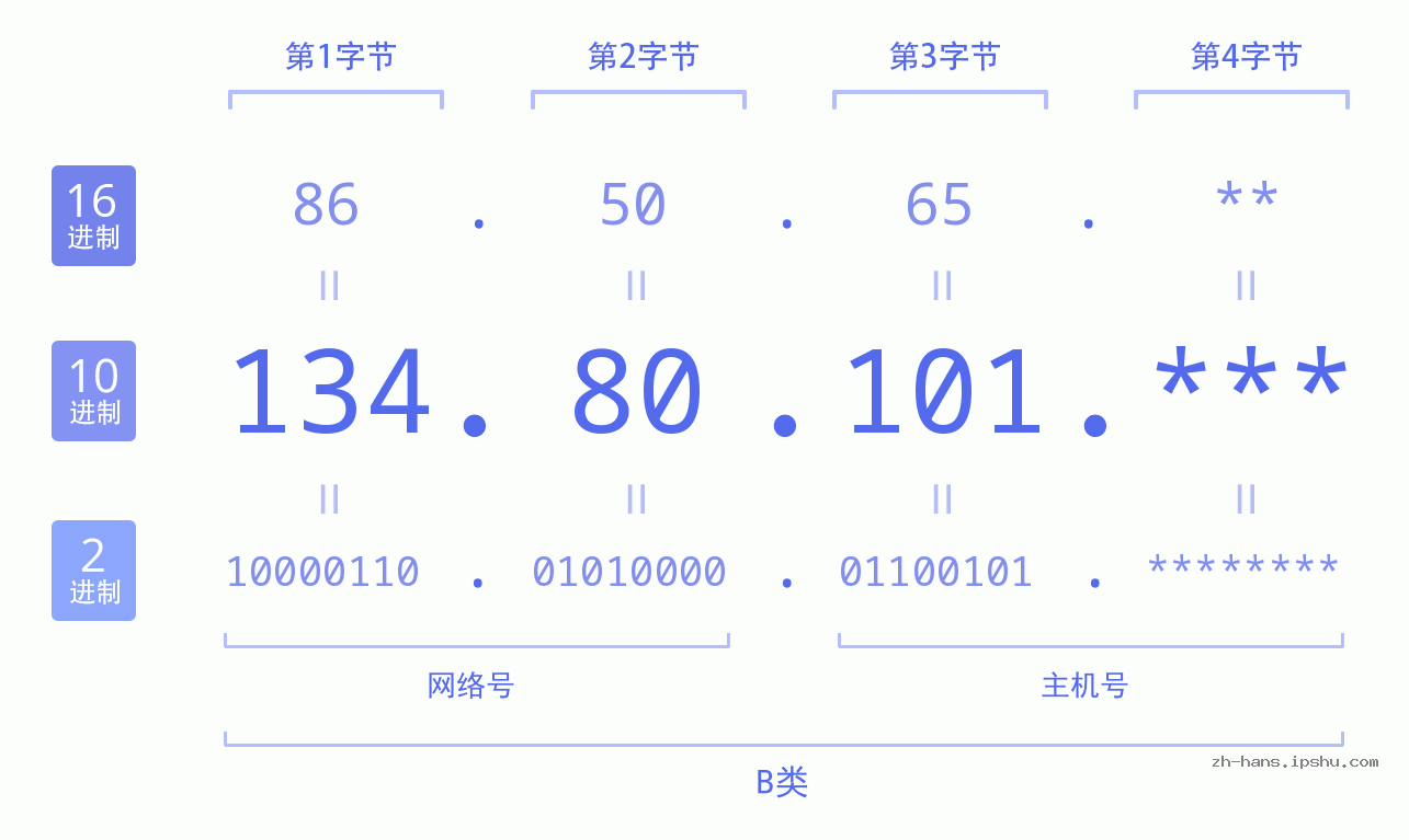 IP地址:134.80.101 数据结构图 二进制 十进制 十六进制 IPv4: 134.80.101 网络类型 网络号 主机号