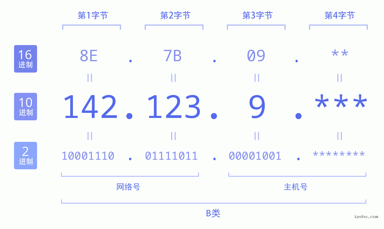 IPv4: 142.123.9 网络类型 网络号 主机号