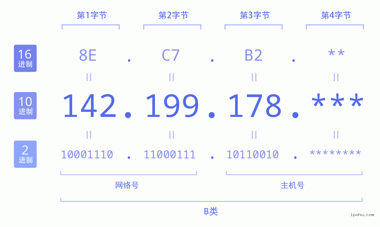 IPv4: 142.199.178 网络类型 网络号 主机号