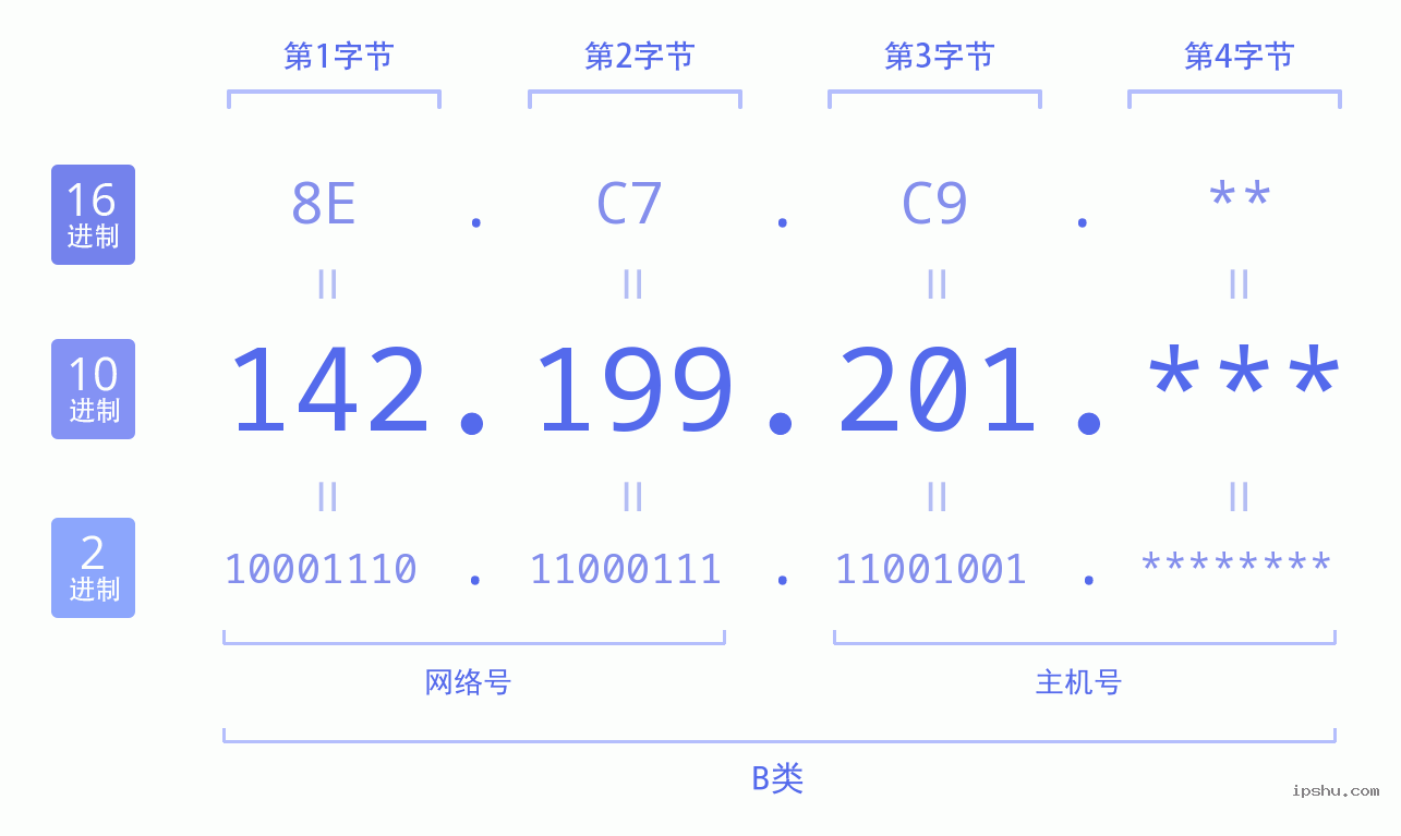 IPv4: 142.199.201 网络类型 网络号 主机号