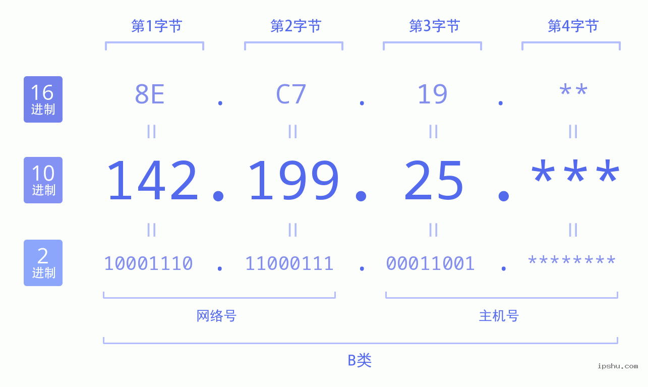 IPv4: 142.199.25 网络类型 网络号 主机号