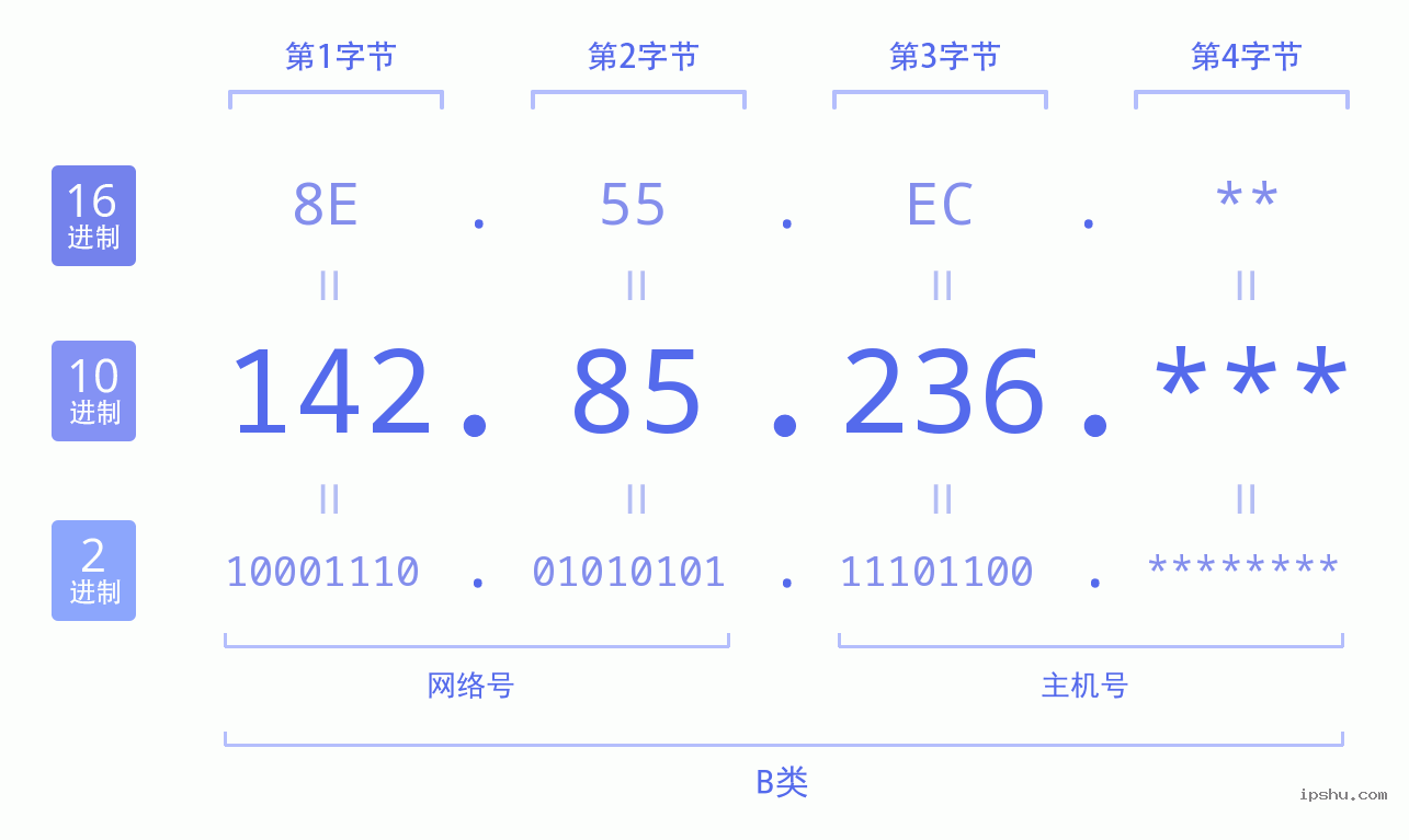 IPv4: 142.85.236 网络类型 网络号 主机号