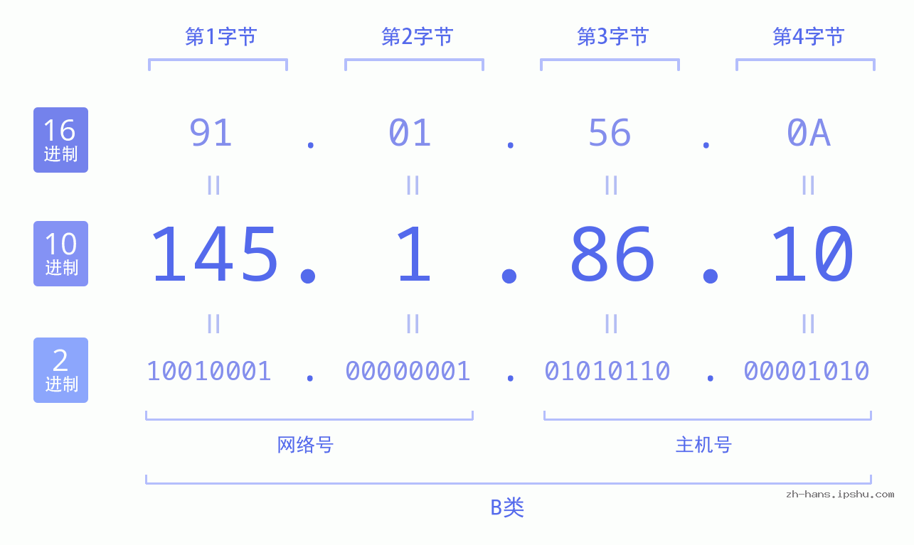 IP地址:145.1.86.10 数据结构图 二进制 十进制 十六进制 IPv4: 145.1.86.10 网络类型 网络号 主机号