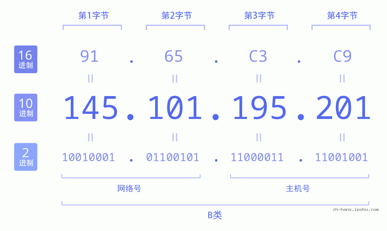 IP地址:145.101.195.201 数据结构图 二进制 十进制 十六进制 IPv4: 145.101.195.201 网络类型 网络号 主机号