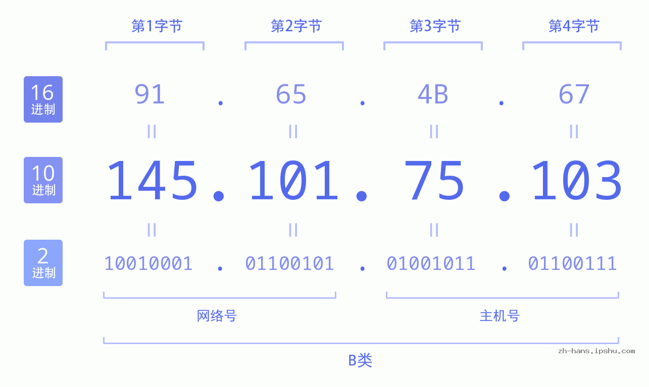 IP地址:145.101.75.103 数据结构图 二进制 十进制 十六进制 IPv4: 145.101.75.103 网络类型 网络号 主机号