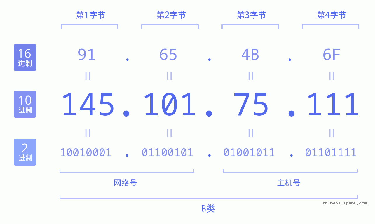 IP地址:145.101.75.111 数据结构图 二进制 十进制 十六进制 IPv4: 145.101.75.111 网络类型 网络号 主机号