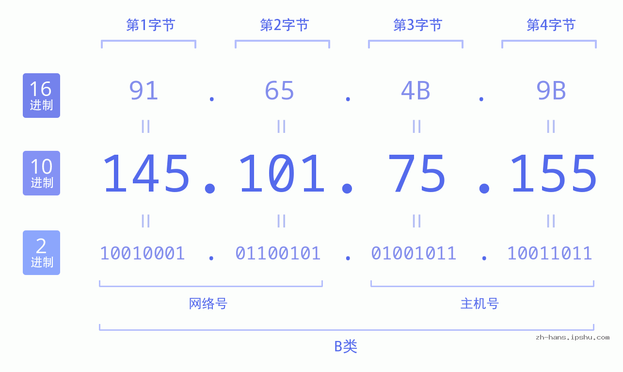 IP地址:145.101.75.155 数据结构图 二进制 十进制 十六进制 IPv4: 145.101.75.155 网络类型 网络号 主机号