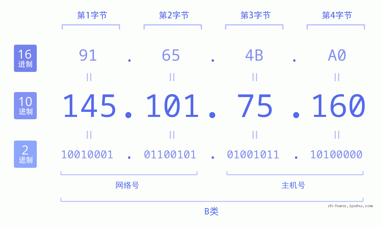 IP地址:145.101.75.160 数据结构图 二进制 十进制 十六进制 IPv4: 145.101.75.160 网络类型 网络号 主机号