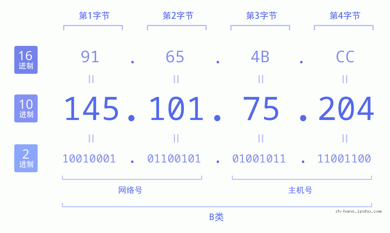 IP地址:145.101.75.204 数据结构图 二进制 十进制 十六进制 IPv4: 145.101.75.204 网络类型 网络号 主机号