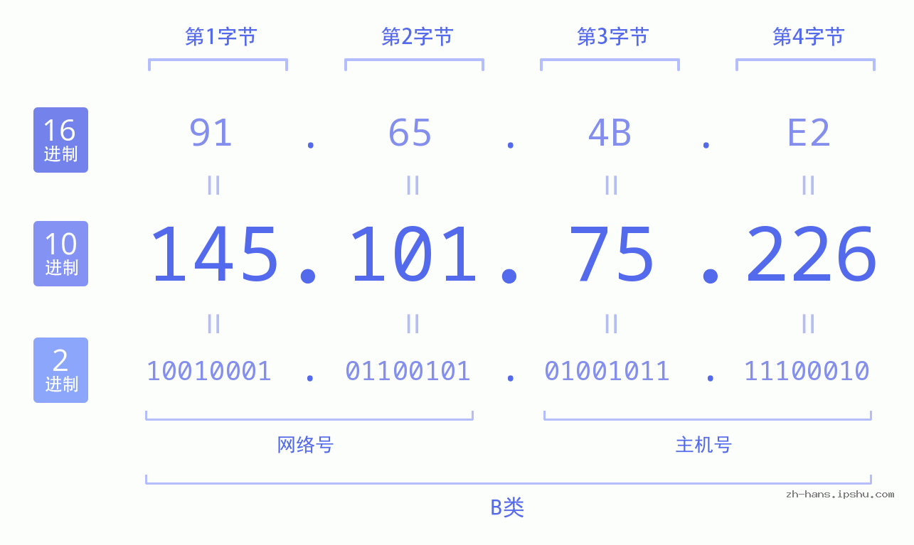 IP地址:145.101.75.226 数据结构图 二进制 十进制 十六进制 IPv4: 145.101.75.226 网络类型 网络号 主机号
