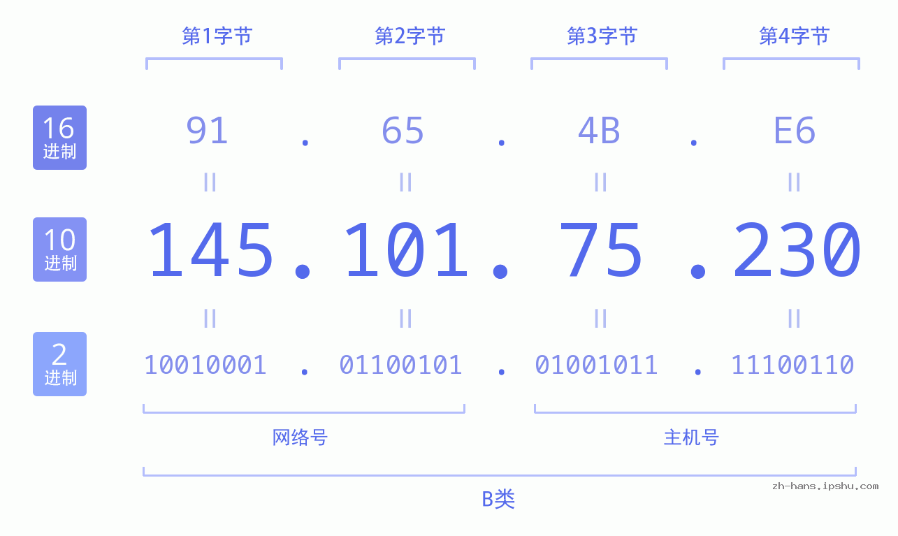 IP地址:145.101.75.230 数据结构图 二进制 十进制 十六进制 IPv4: 145.101.75.230 网络类型 网络号 主机号