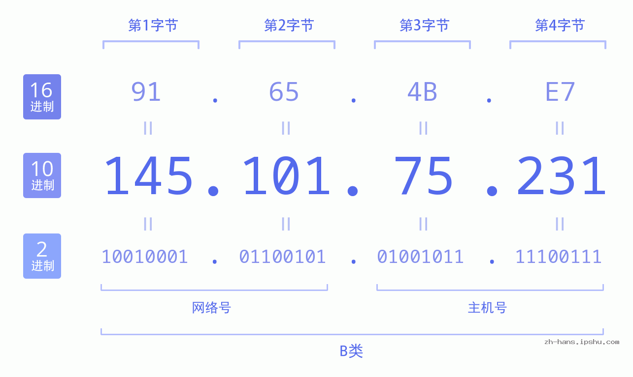 IP地址:145.101.75.231 数据结构图 二进制 十进制 十六进制 IPv4: 145.101.75.231 网络类型 网络号 主机号