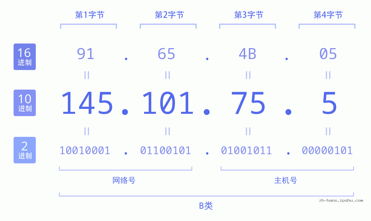 IP地址:145.101.75.5 数据结构图 二进制 十进制 十六进制 IPv4: 145.101.75.5 网络类型 网络号 主机号