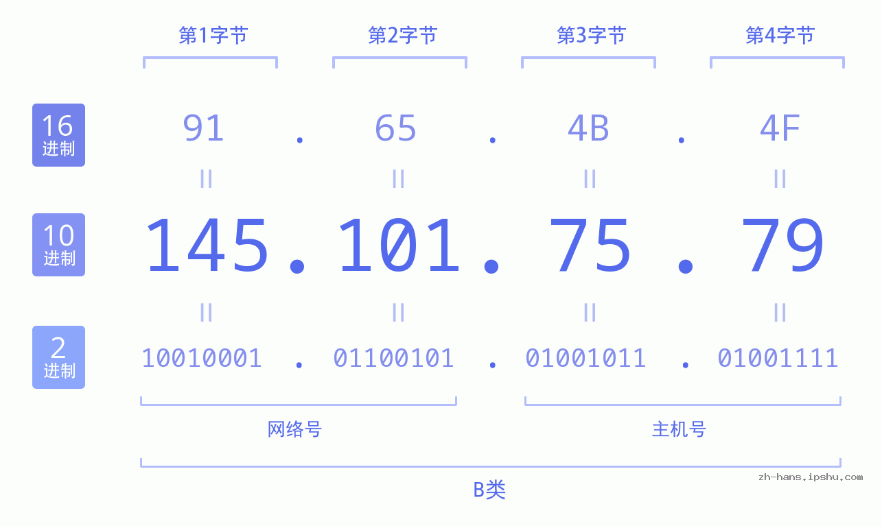IP地址:145.101.75.79 数据结构图 二进制 十进制 十六进制 IPv4: 145.101.75.79 网络类型 网络号 主机号