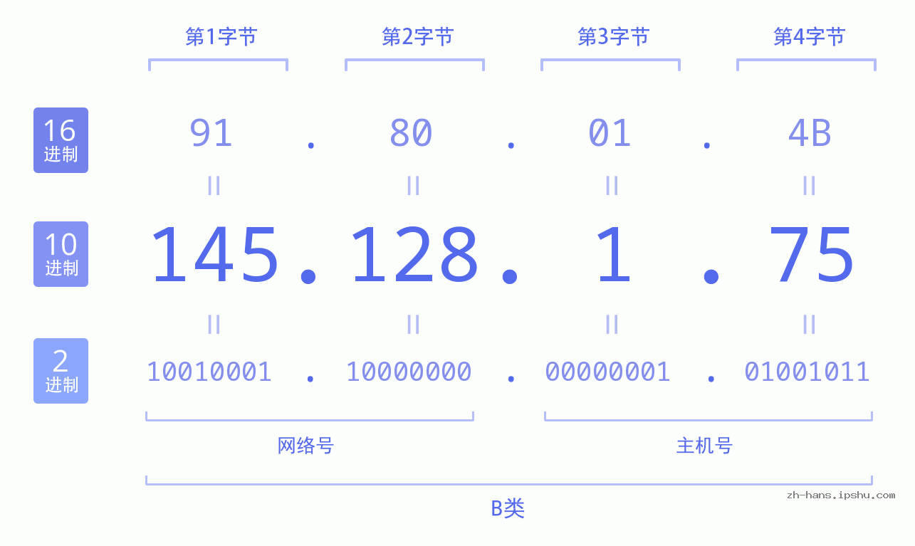 IP地址:145.128.1.75 数据结构图 二进制 十进制 十六进制 IPv4: 145.128.1.75 网络类型 网络号 主机号