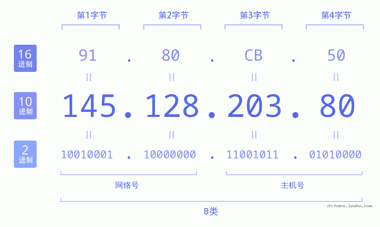 IP地址:145.128.203.80 数据结构图 二进制 十进制 十六进制 IPv4: 145.128.203.80 网络类型 网络号 主机号