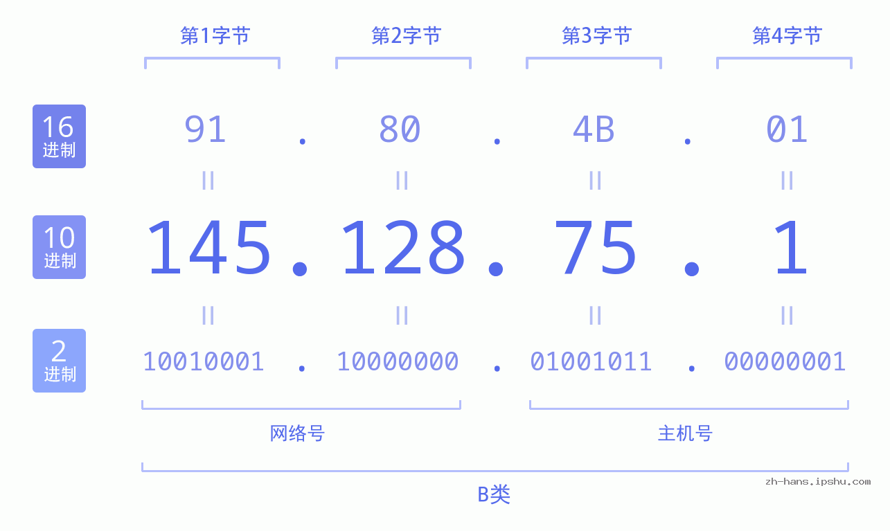 IP地址:145.128.75.1 数据结构图 二进制 十进制 十六进制 IPv4: 145.128.75.1 网络类型 网络号 主机号