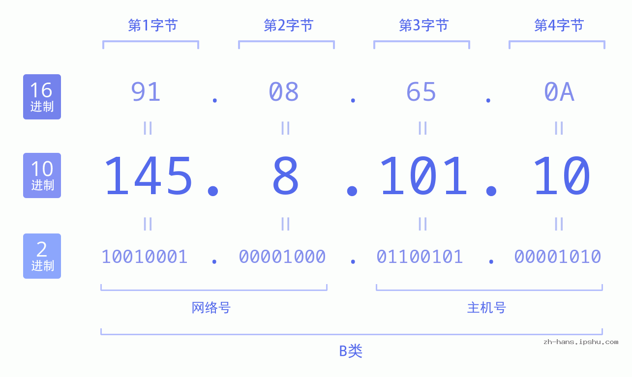 IP地址:145.8.101.10 数据结构图 二进制 十进制 十六进制 IPv4: 145.8.101.10 网络类型 网络号 主机号