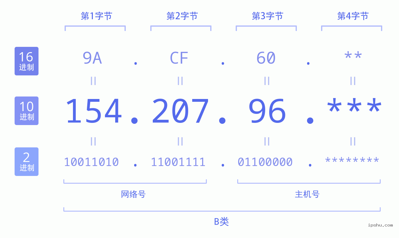 IPv4: 154.207.96 网络类型 网络号 主机号