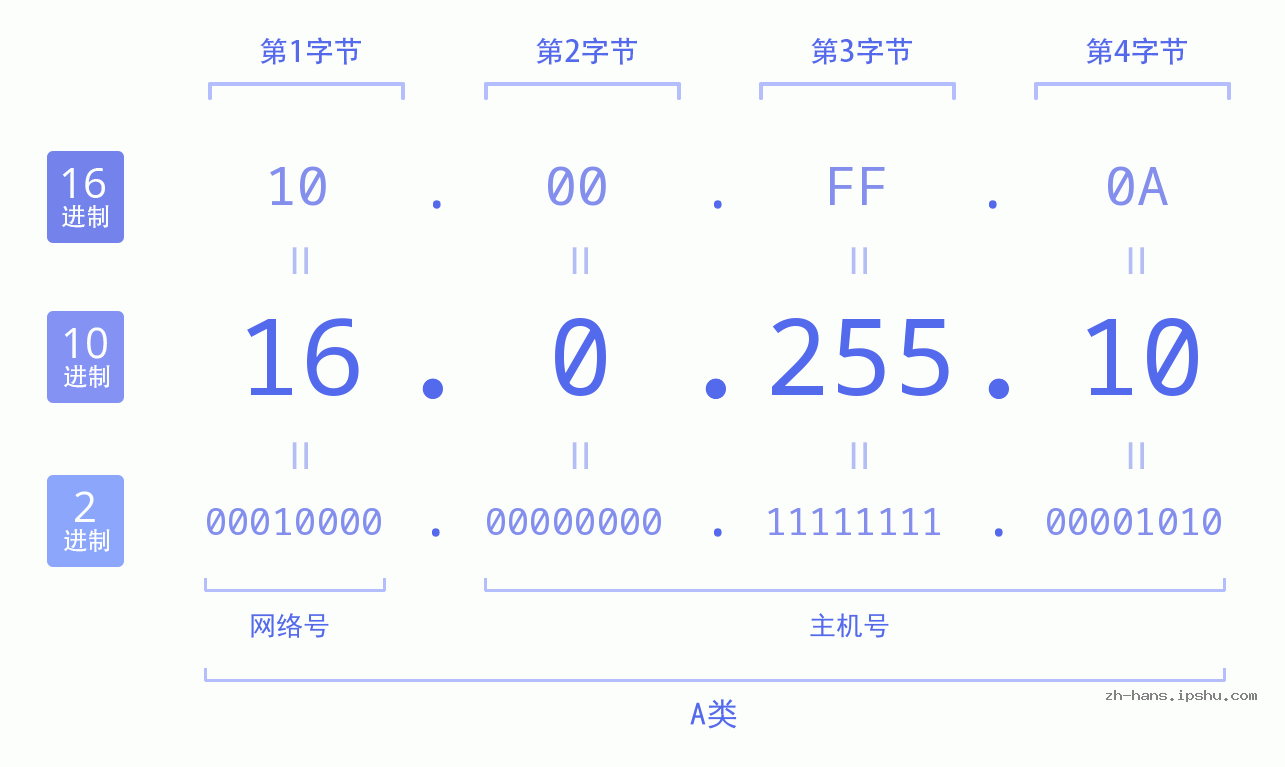 IP地址:16.0.255.10 数据结构图 二进制 十进制 十六进制 IPv4: 16.0.255.10 网络类型 网络号 主机号