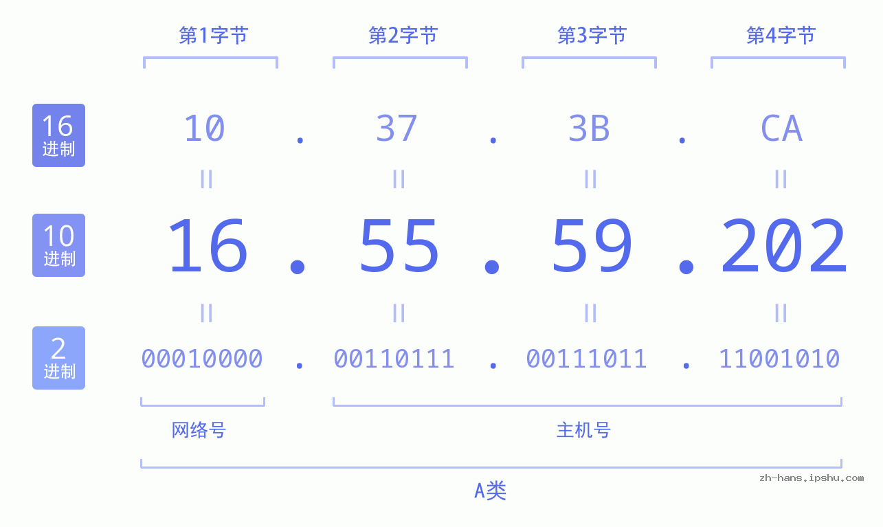 IP地址:16.55.59.202 数据结构图 二进制 十进制 十六进制 IPv4: 16.55.59.202 网络类型 网络号 主机号