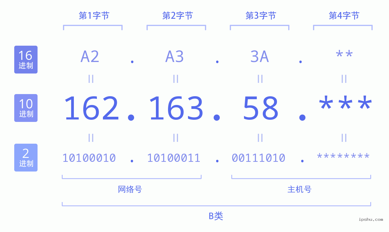 IPv4: 162.163.58 网络类型 网络号 主机号