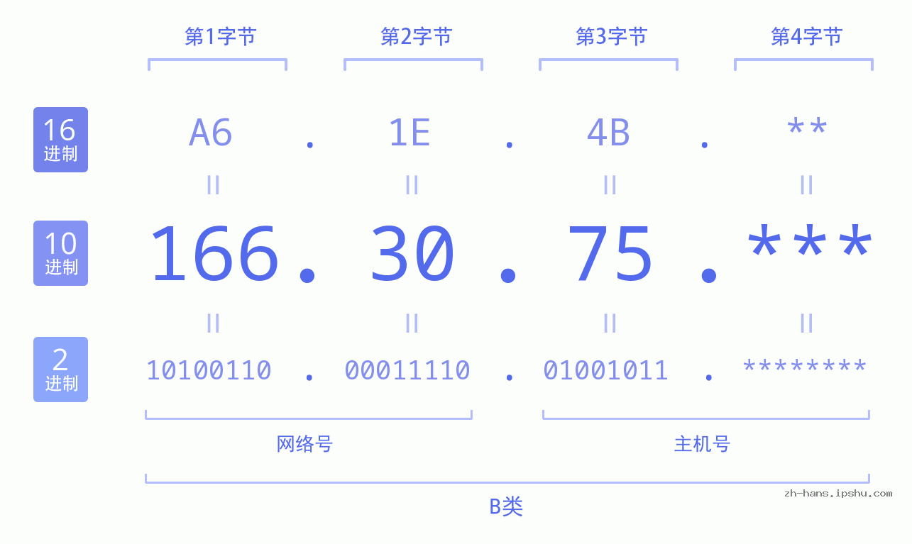 IP地址:166.30.75 数据结构图 二进制 十进制 十六进制 IPv4: 166.30.75 网络类型 网络号 主机号