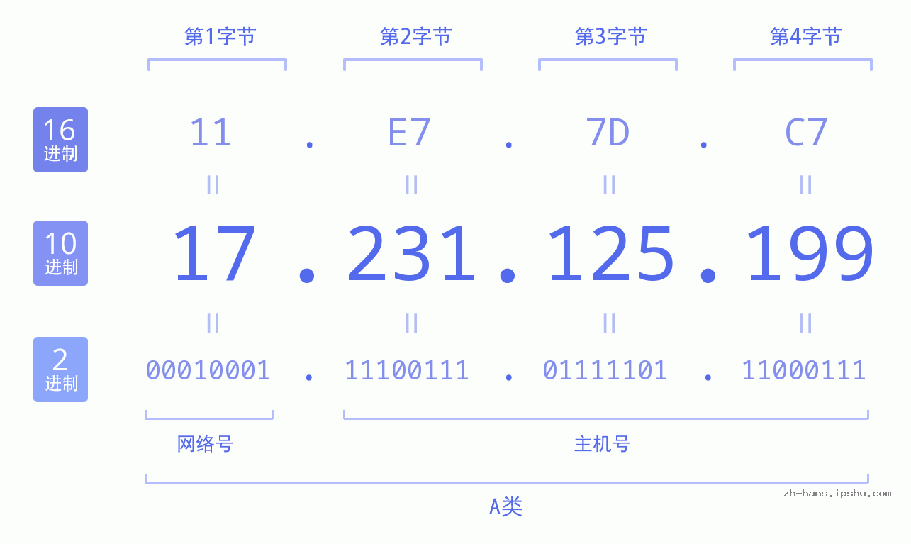 IPv4: 17.231.125.199 网络类型 网络号 主机号