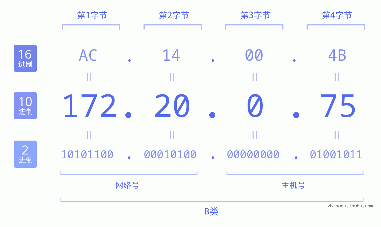 IP地址:172.20.0.75 数据结构图 二进制 十进制 十六进制 IPv4: 172.20.0.75 网络类型 网络号 主机号